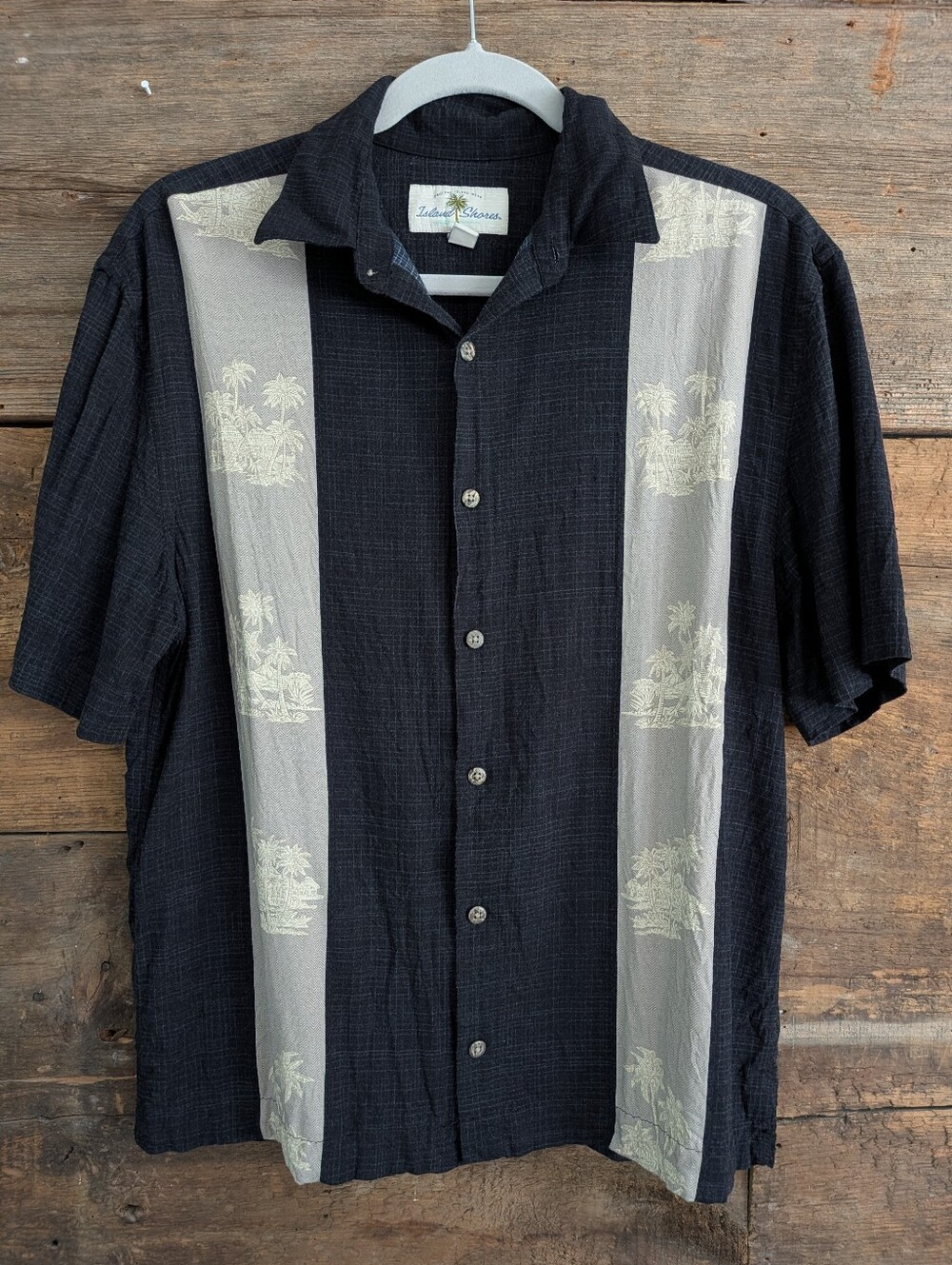 Island Shores Hawaiian Bowling Soprano Shirt Mens Medium Black Beige Button Up